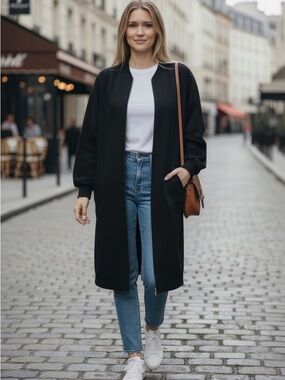 Oversized Black Longline Zip Jacket Minimalist Coat M L